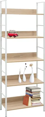 A tall, narrow bookshelf with five wooden shelves and a white metal frame, displayed against a white background. It is sparsely decorated with a toy van, vases, and a stack of books.