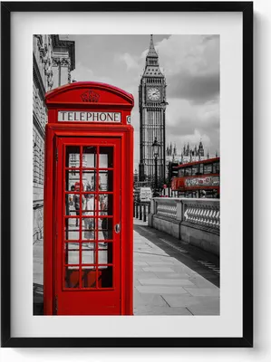 Produktbild von Schwarze Telefonzelle und Big Ben - Vereinigtes Königreich– Wandbild mit Rahmen – Gerahmtes Bild  – Wanddekoration – 50x70 cm –  Schwarz Rahmen