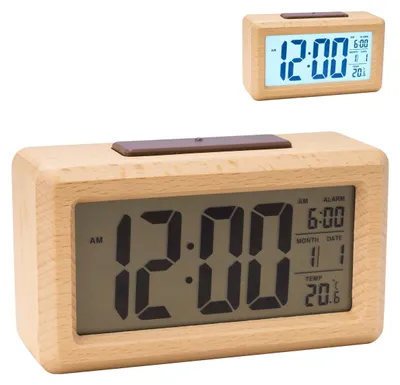 Produktbild von Relaxdays Wecker digital, Holz, Datums- & Temperaturanzeige, Snooze-Funktion, Lichtsensor, Digitalwecker, eckig, natur