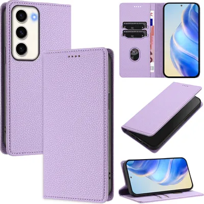 Produktbild von Litchi Leder Handyhülle für Samsung Galaxy S23 Wallet Kartenfächer Standfunktion Hülle Violett