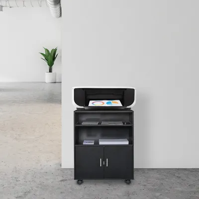Produktbild von Relaxdays Rollcontainer Büro, mit 2 Fächern & Tastaturauszug, Druckertisch mit Rollen, HxBxT: 74 x 60 x 48 cm, schwarz