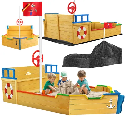 Produktbild von KIDIZ® Sandkasten Ahoi - Piratenschiff Boot Segelschiff aus Holz Inkl. Abdeckung, Bodenplane, Sitzbank, Flaggenmast, Sandspielzeug  | Große Kinder Sandkiste für den Garten | Outdoor Sandbox