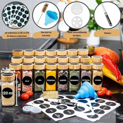 Produktbild von Gläserne Gewürzbehälter 12-teilig Set mit Etiketten und Streuer