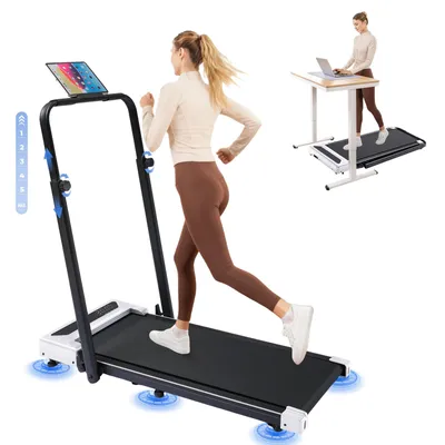 A collage showing a woman running on a treadmill and another woman using a treadmill desk.