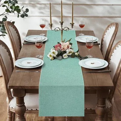 Produktbild von Ibenzoa® Tischläufer aus Leinen – Hellblau 30 x 180 cm, eleganter Dekor- und Schutzläufer für Esstisch, Wohn- & Picknicktisch