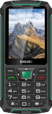 A rugged mobile phone with a mountain landscape as the wallpaper.