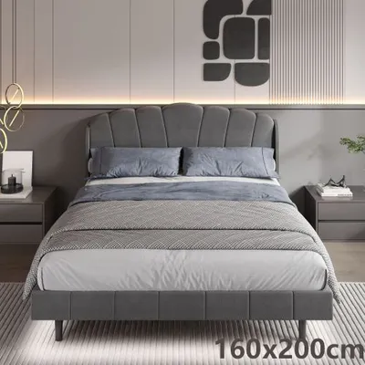 Productafbeelding van AIORBER gestoffeerd bed, 160 x 200 cm, met lattenbodem, met bewegingsgevoelige LED-verlichting onder het bed, fluweel, geschikt voor jongvolwassenen en volwassenen, grijs