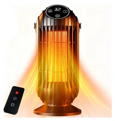 A portable electric heater with a remote control, emitting heat waves.