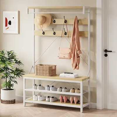 Imagen del producto de Perchero multifuncional 4 en 1, con zapatero, 8 ganchos, 101x40x183 cm