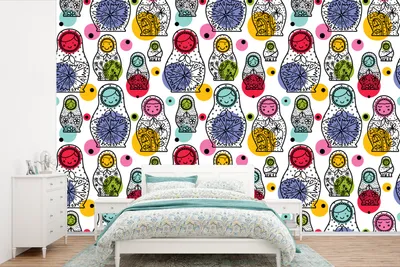 Produktbild von MuchoWow® Fototapete für Wohnzimmer oder Schlafzimmer Wandtapete Vinyl Motivtapete Matroschka - Schnittmuster - Baby - 450x300 cm - Gemusterte