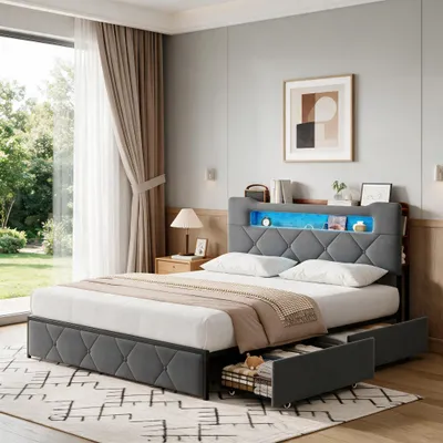 Zdjęcie produktu dla Łóżko tapicerowane INONEFT, 160x200 cm, z podświetleniem LED i portami USB, 4 szuflady, łóżko młodzieżowe dwuosobowe z pojemnikiem na pościel, zagłówek, tkanina flanelowa, kolor szary