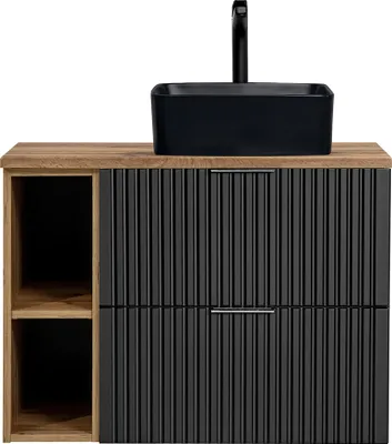 Produktbild von Badmöbel Waschtisch, 81cm, mit schwarzem Aufsatzbecken, ADELAIDE-56-BLACK, matt schwarz mit Eiche Nb., Rillenoptik, B/H/T ca. 80,6/72,2/46,5 cm