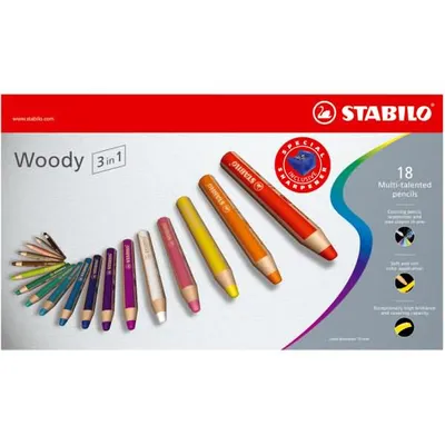 Produktbild von Buntstift, Wasserfarbe & Wachsmalkreide - STABILO woody 3 in 1 - 18er Pack mit Spitzer - mit 18 verschiedenen Farben