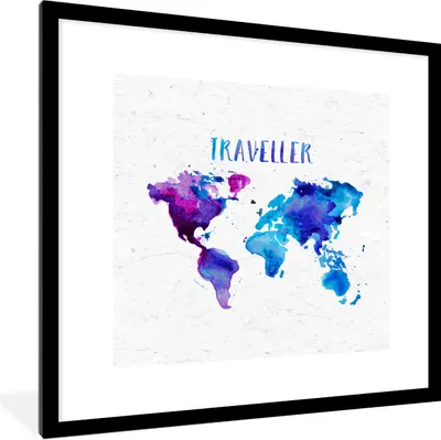 Produktbild von MuchoWow® Gerahmtes Poster Weltkarte - Aquarellfarbe - Reisen 40x40 cm - Poster mit Schwarzem Bilderrahmen Wandposter Rahmen Foto Bilder - Poster - Plakat im Rahmen