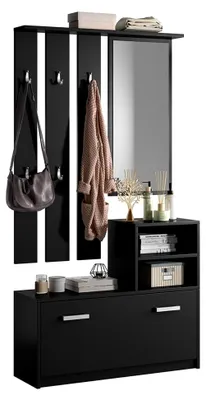 Produktbild von Garderobenset für den Flur mit Wandgarderobe, Schuhregal und Spiegel in Schwarz mit silbernen Griffen