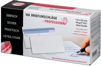 Zdjęcie produktu dla Professional 30051789 Koperta Revelope® - 112 x 225 mm, bez okienka, biała, 90 g/m², nadruk wewnątrz, klej do kopert, 100 szt