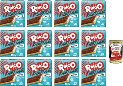 Produktbild von Pavesi Ringo Bisco Cioc Latte, Keks mit Milchfüllung und Schokoladenüberzug für einen süßen und leckeren Snack für zwischendurch, 12x 162g + Italian Gourmet polpa 400g