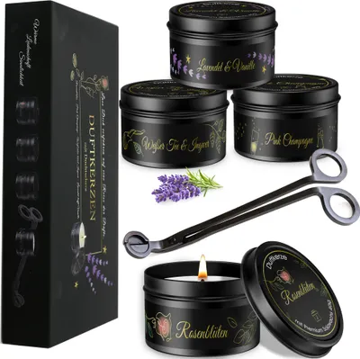 Produktbild von Geschenkset für Frauen, 4x Duftkerzen mit Dochtschere, Geburtstagsgeschenk für Freundin oder Mama, Weihnachtsgeschenk Soya Kerzen