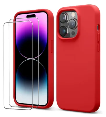 Immagine prodotto di il set di cover protettive 2in1 per Apple iPhone 16 Pro Max è composto da 2 protezioni per lo schermo in vetro 9H e 1 custodia in silicone di colore rosso