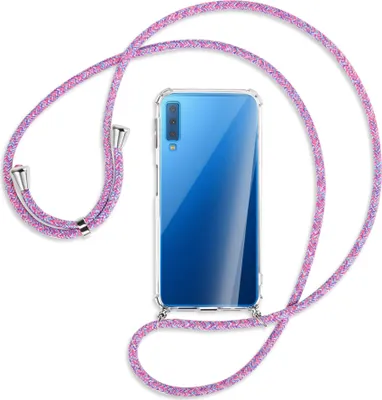 Produktbild von Handykette Backcover-Schutzhülle mit Band (Metall silberfarben) für Samsung Galaxy A7 2018 - lila/rosa/blau