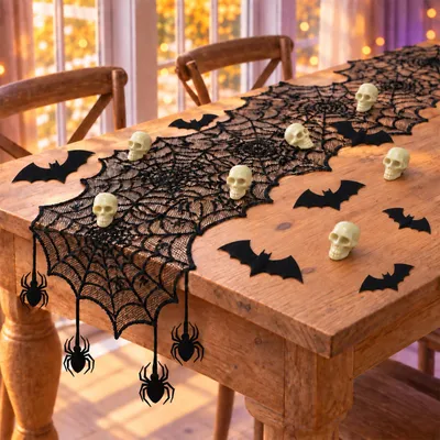 Halloween Tischläufer Spinnennetz 45x183 cm, 16 Fledermäuse, 8 Schädel