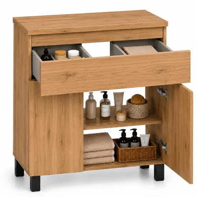 Produktbild von Waschbeckenunterschrank 60 cm mit Platte, Schublade und 2 Türen, Eiche / Stehend oder Hängend, Soft-Close, Vollauszug, 2 Türen, verstellbare Ablage, KI-generiertes Bild