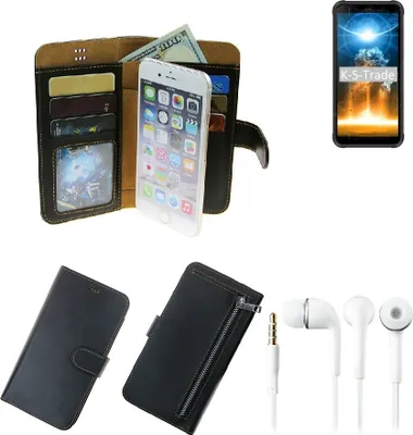 Produktbild von TOP SET Handy Hülle Schutz Hülle kompatibel mit Blackview BV6300 Pro  schwarz aus Kunstleder + Kopfhörer Smartphone Tasche vollwertige Geldbörse