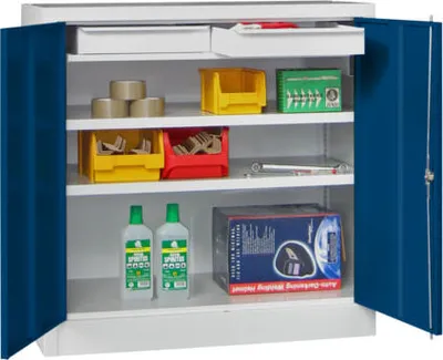 Produktbild von Stahlschrank - Vollblechtür - Zylinderschloss - 2 Einlegeböden, 2 Schubladen - 1.000x1.000x500 mm (HxBxT) - anthrazitgrau/reinweiß