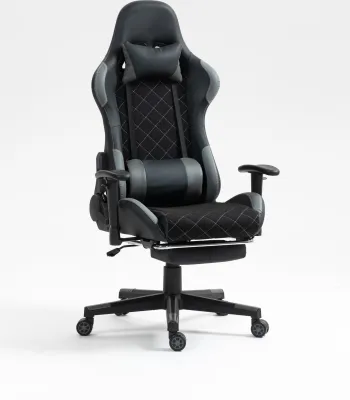 A black and gray gaming chair with a footrest, shown from the front on a white background.