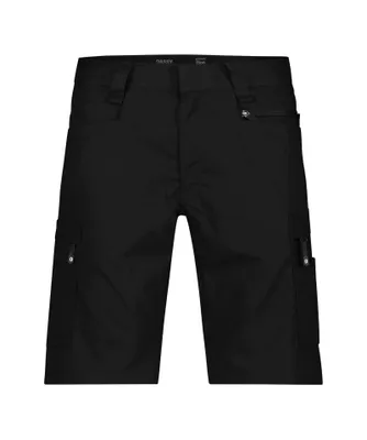 A pair of black cargo shorts is shown from the front against a white background.