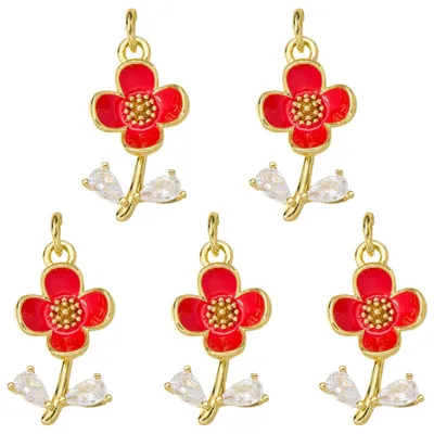 Blumen-Emaille-Anhänger, 5 Stück, Messing, rot, mit Zirkonia