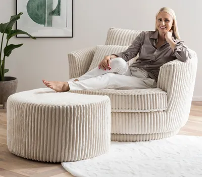 Produktbild von Drehsessel Comfy wollweiß Mega-Cord 120 cm Loveseat 360° drehbar inkl. Kissen und Hocker