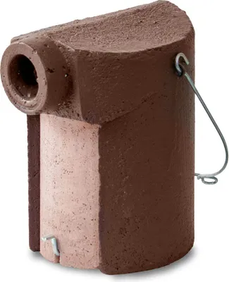 A single birdhouse made of concrete, with a brown top and sides and a pink front panel.