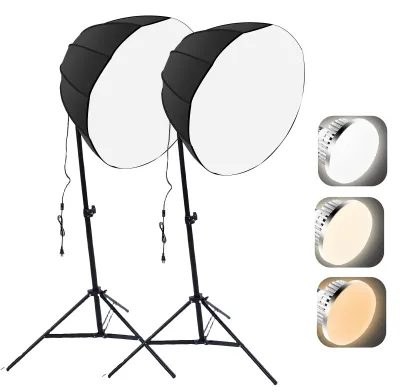 Zdjęcie produktu dla Zestaw 2 lamp fotograficznych z energooszczędną żarówką o mocy 85 W i pilotem do transmisji na żywo – do portretów, wtyczka amerykańska