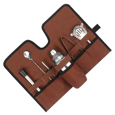 Image de Sac de transport pliable en toile pour accessoires de cocktail, sac de mixologie professionnel pour barman avec sangle de transport, idéal pour le camping et les activités de plein air, couleur marron