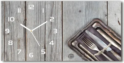 Produktbild von Wanduhr aus Glas – 60x30 cm - Glasbild - Glasuhr - Gehärtetes Glas - weisse-zeiger - Besteck auf Brettern