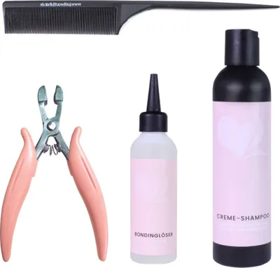 Produktbild von hair2heart Bondinglöser Set - Großes Set zum Lösen von Bonding Extensions, 100ml Löser, 200ml Shampoo, Bonding Zange & Stielkamm