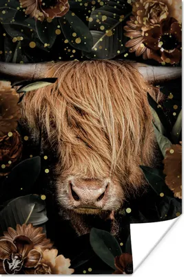 Produktbild von MuchoWow® Poster Schottisches Hochlandrind - Tiere - Blumen 80x120 cm - Papierdruck