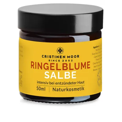 Produktbild von Cristinen Moor Bio Ringelblumensalbe 50 ml I Naturkosmetik, Ringelblumencreme ohne duftende Zusatzstoffe, intensiv bei trockener, entzündeter Haut