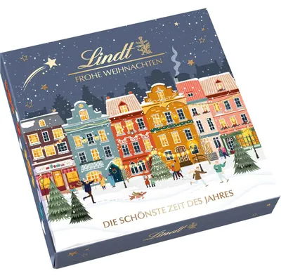 Zdjęcie produktu dla Czekoladki Lindt z motywem zimowych domków w pięknym pudełku upominkowym 215g