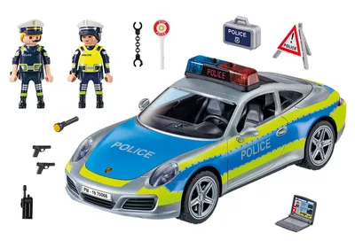 A Playmobil police car set with two police figures and accessories, displayed on a white background.