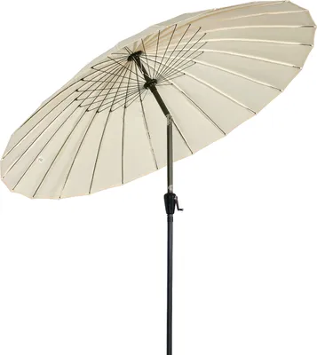 A beige patio umbrella is shown against a white background.