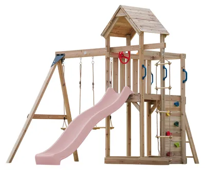 Produktbild von AXI Moos Spielturm aus Holz mit 2 Schaukeln & Strickleiter | XXL Spielhaus / Spielplatz für Kinder mit Kletterwand, Sandkasten & Rutsche in