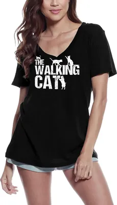 Produktbild von Damen Grafik T-Shirt V-Ausschnitt Die laufende Katze Katze – The Walking Cat Cat – Öko-Verantwortlich Vintage Jahrgang Kurzarm Lustige Druck