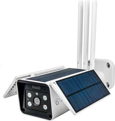 A white security camera with solar panels attached, shown against a white background.