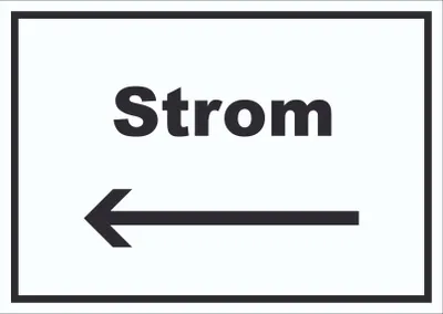 Produktbild von Strom Schild mit Text und Richtungspfeil links Anschluss waagerecht A5 (148x210mm)