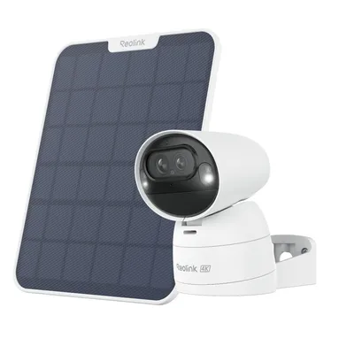 A white Reolink security camera and its solar panel are displayed against a white background.