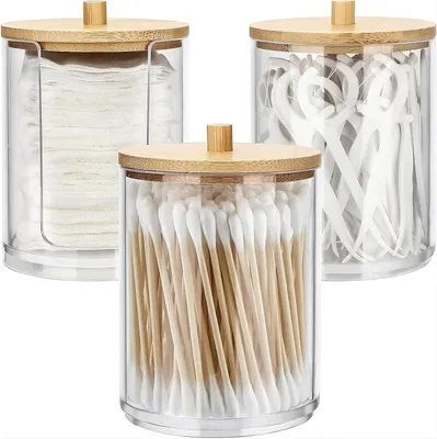 Productafbeelding van Wattenstaafjes Houders - Dispenser Set - Badkamer Organiseren - Met Bamboe Deksel - 3 Delig - Transparant