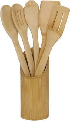 Image de hausleben : Ensemble de 6 cuillères de cuisine en bambou - Set d'ustensiles de cuisine de 30x6 cm avec support - Ustensiles de cuisine durables et écologiques, comprenant des cuillères, des spatules, des couverts pour salade et d'autres ustensiles de cuisine