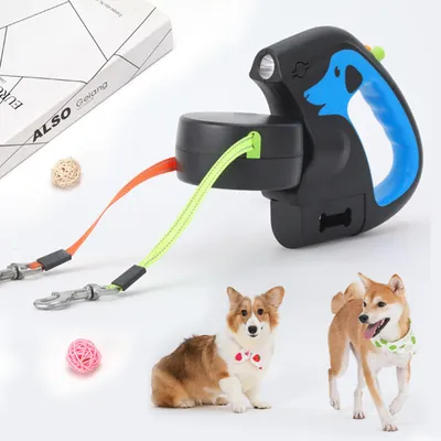 Produktbild von Hundeleinen, 3 m lange doppelte einziehbare Hundeleine für 2 Hunde, Rollleine Gurtleine, flexible Doppelleine, mit LED-Licht, 22 ∗ 14 ∗ 2,5 cm